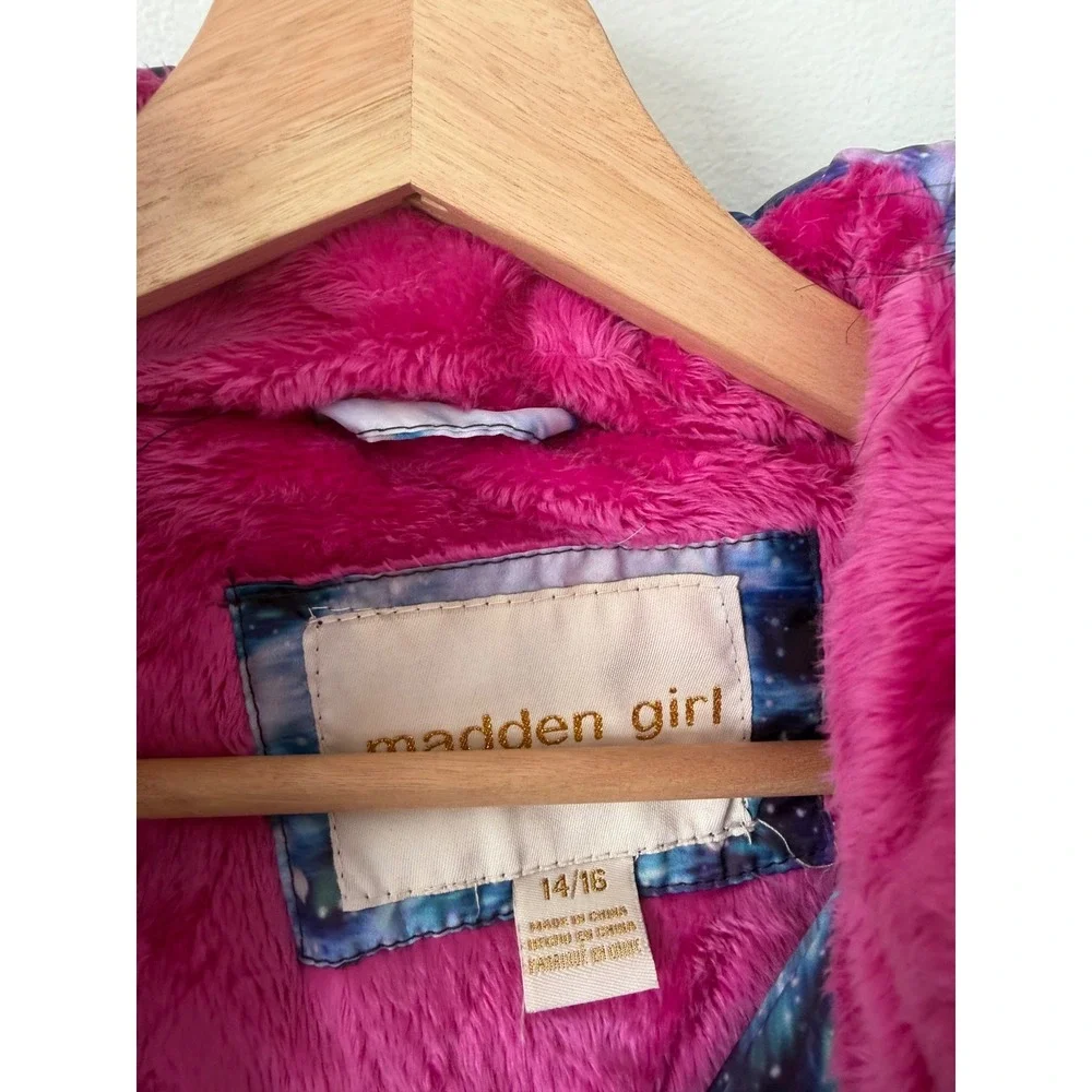Madden Girl Girls Coat – Galaxy Print with Pink Fur Lining – Size 14/16 – NWT - Picture 2 of 4